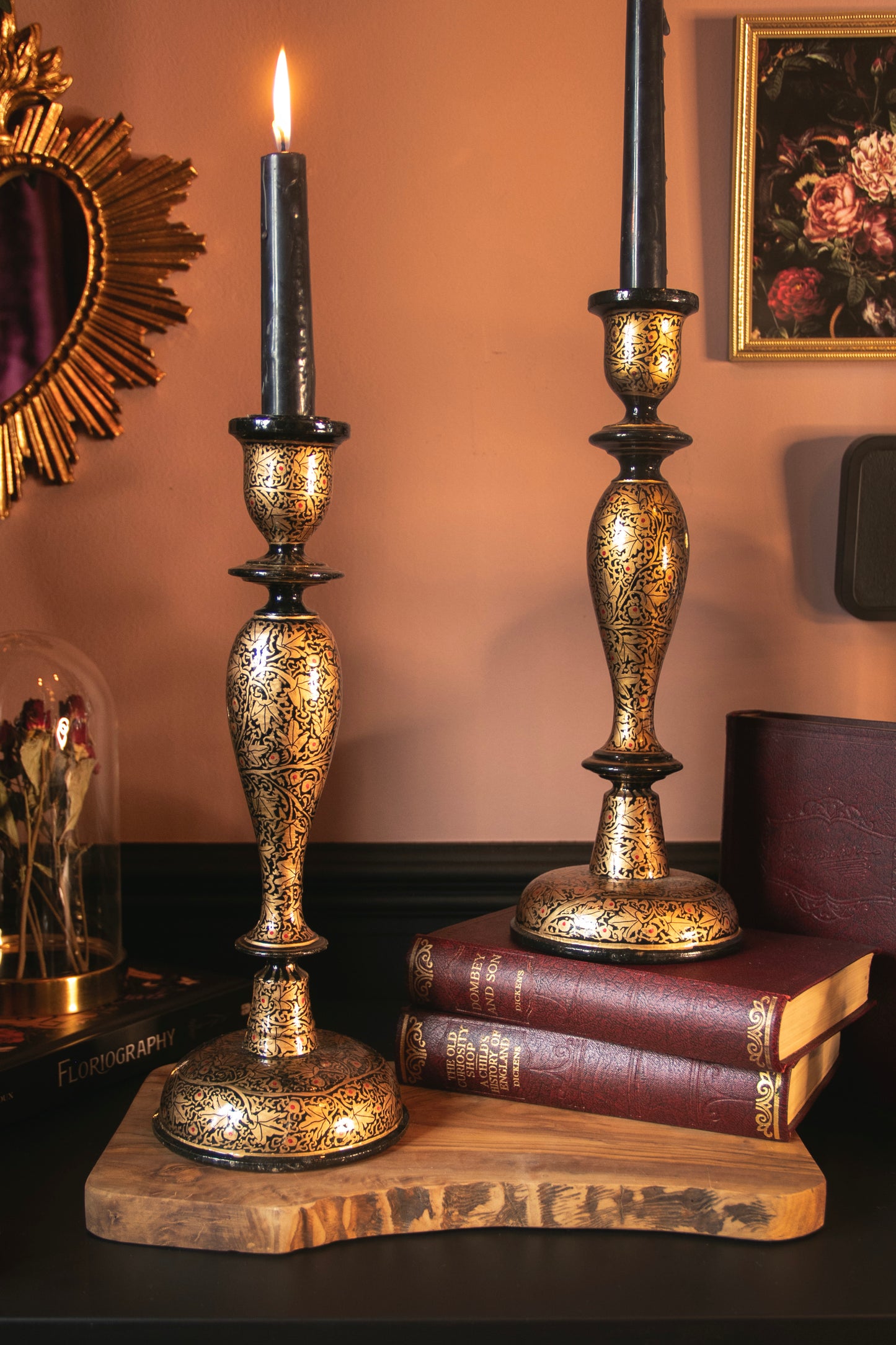 Wooden Candle Stick Holder 12" | Black and Gold Leaf