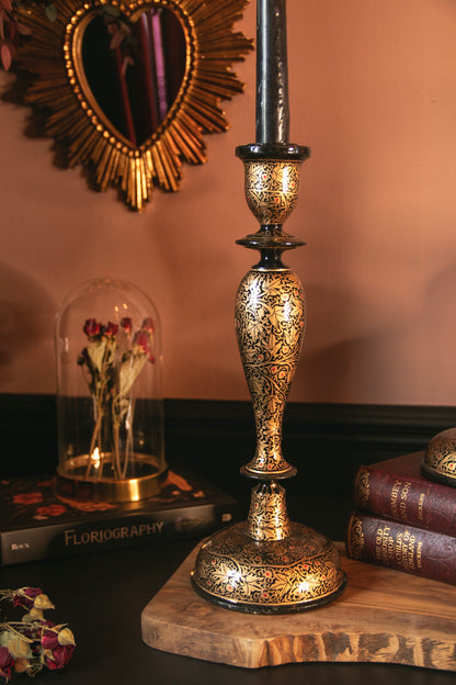 Wooden Candle Stick Holder 12" | Black and Gold Leaf