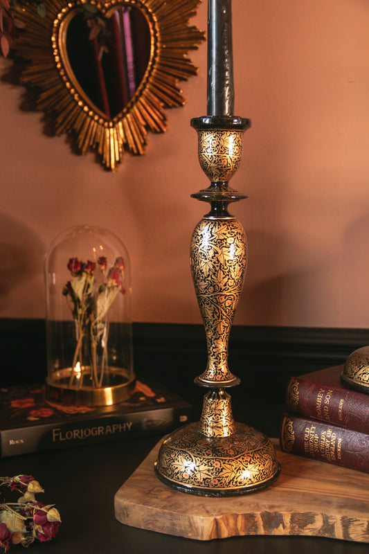 Wooden Candle Stick Holder 12" | Black and Gold Leaf