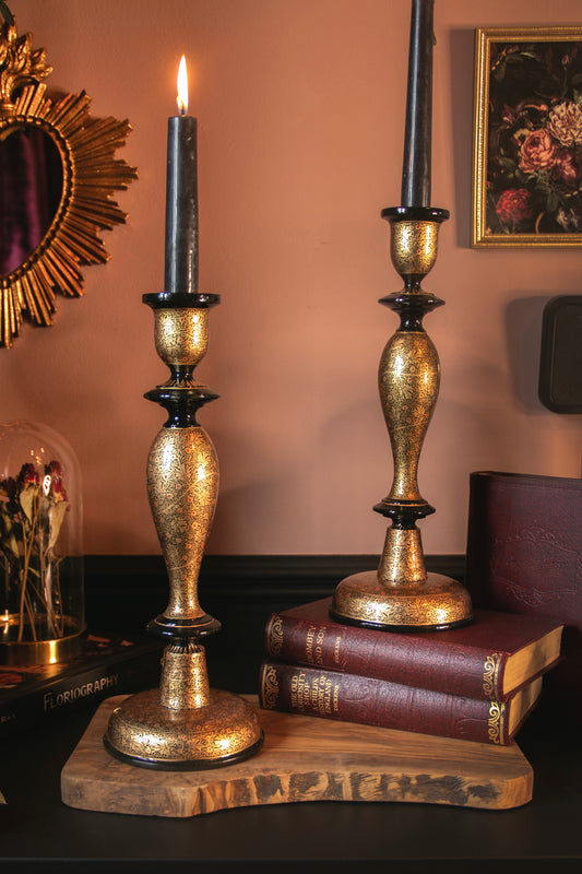 Wooden Candle Stick Holder 12" | Micro Black and Gold Leaf