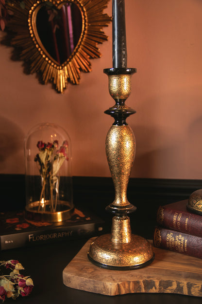 Wooden Candle Stick Holder 12" | Micro Black and Gold Leaf