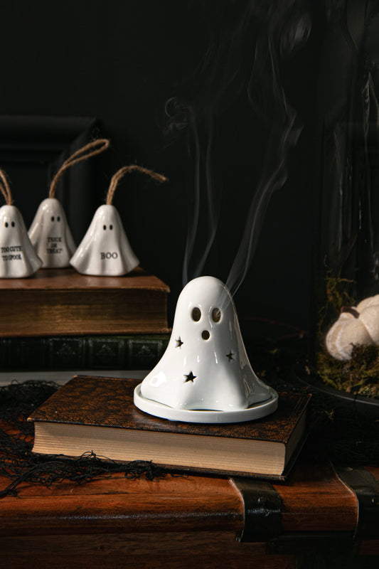 Ceramic Ghost Tealight & Incense Cone Holder